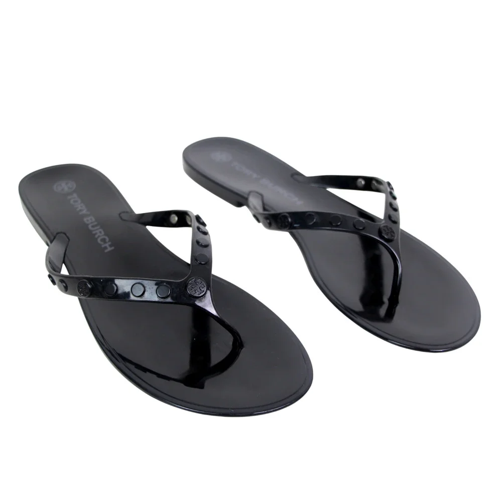 Tory Burch BLACK PVC FLAT BEACH SHOES FLIP FLOPS TONG SANDALS Sz 11